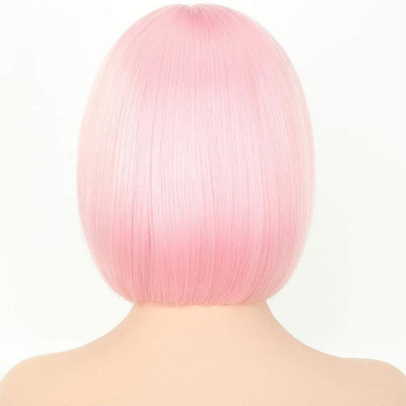 Trendy soft rose petal pink straight bob with straight bangs hand dyed synthetic 12" wig