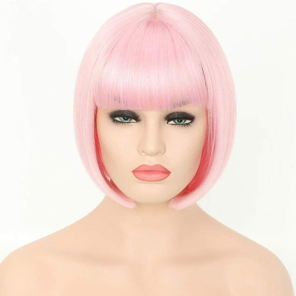 Trendy soft rose petal pink straight bob with straight bangs hand dyed synthetic 12" wig