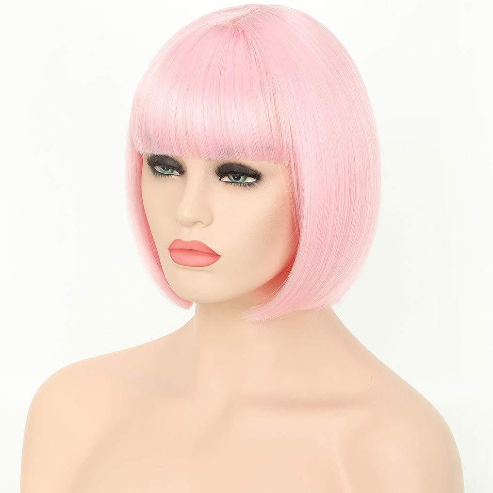 Trendy soft rose petal pink straight bob with straight bangs hand dyed synthetic 12" wig