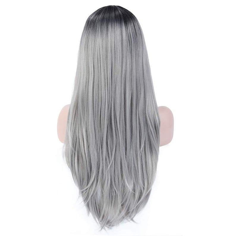 Gray synthetic middle part natural straight heat resistant cosplay wig 26 inch for daily wear, cosplay, costume, drag and stage wear