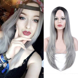 Gray synthetic middle part natural straight heat resistant cosplay wig 26 inch for daily wear, cosplay, costume, drag and stage wear
