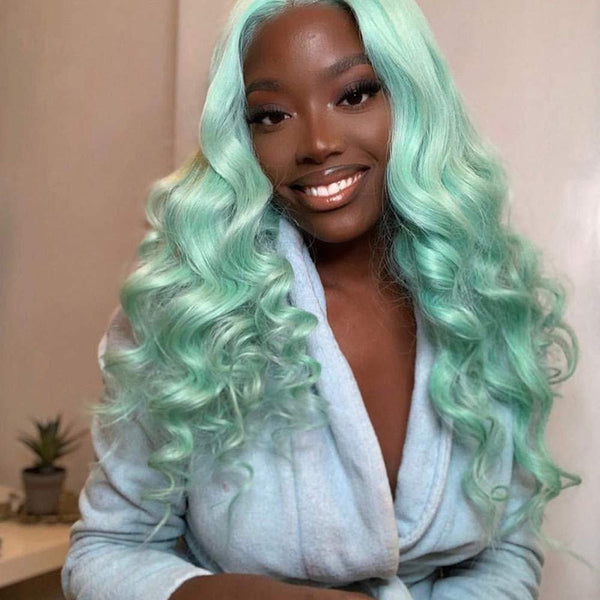 Trendy light green wig | unicorn princess mermaid wave | custom color lace front synthetic | human hair feel | drag queen | stage performer