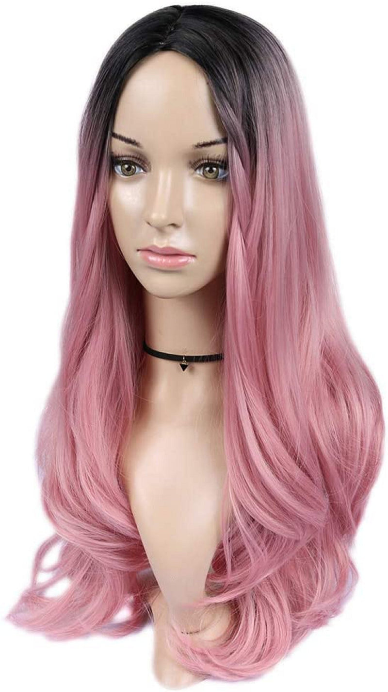 Trendy wig black to candy pink synthetic heat resistant curly wig 22"