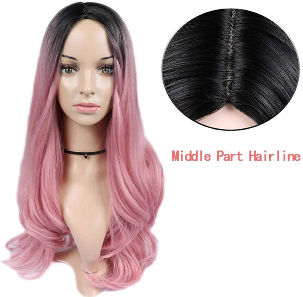 Trendy wig black to candy pink synthetic heat resistant curly wig 22"