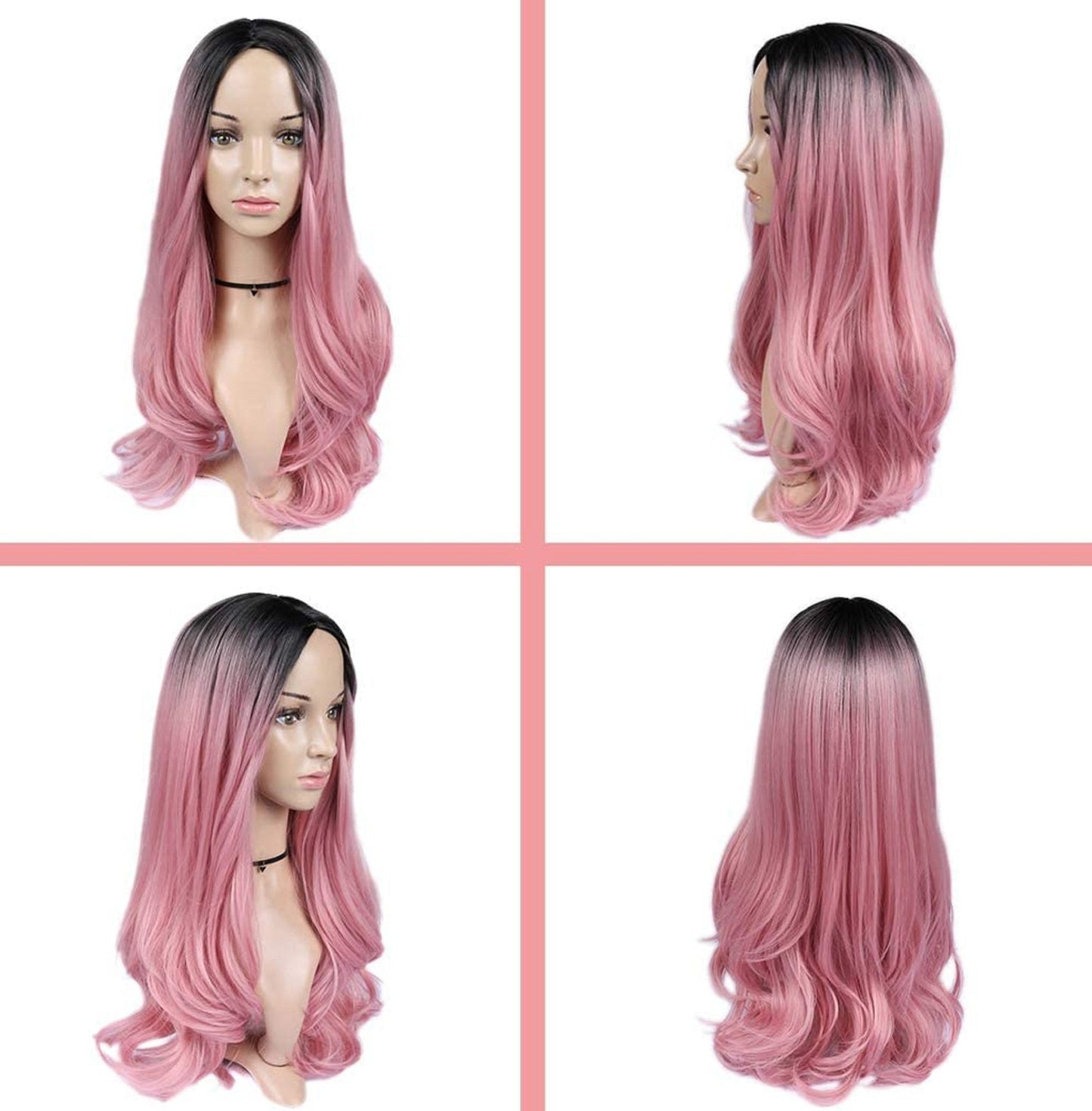 Trendy wig black to candy pink synthetic heat resistant curly wig 22"