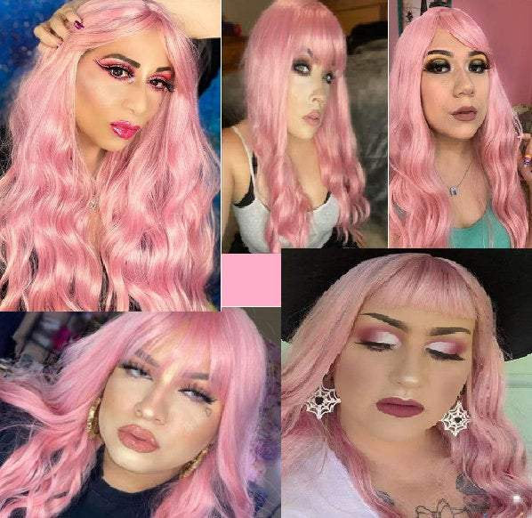 Gorgeous fashion goddess pink wig with bangs  | trendy wigs | synthetic top quality heat resistant fiber | human hair feel | free shipping