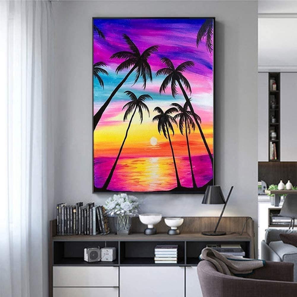 Coconut tree round full drill diy 5d diamond painting by number kits for home wall décor adults and kids 30x40 cm (11.81" x 15.75")