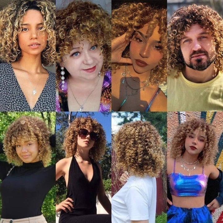 Bouncy fluffy curly wig with bangs | synthetic fiber with a human hair feel | drag queen | trendy custom styled | stage performer wig