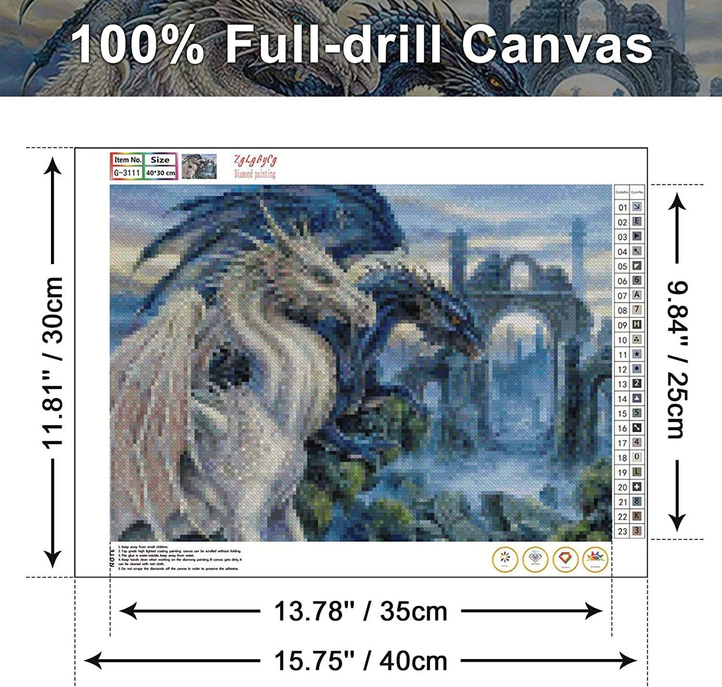 White dragon diy 5d diamond painting by number kit canvas 15.8"x11.8"