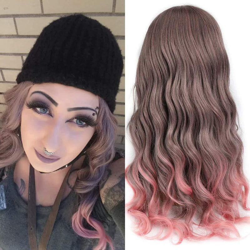 Purple pink ombre middle part long wavy human hair feel 24"  wig ready to wear