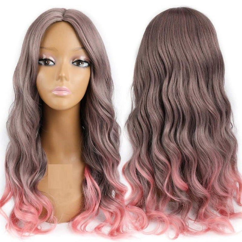 Purple pink ombre middle part long wavy human hair feel 24"  wig ready to wear