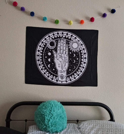 Celestial palmistry hand energy mystic tapestry | bedroom | living room | black and white tapestry | wall hanging size is 37" w x 28" l