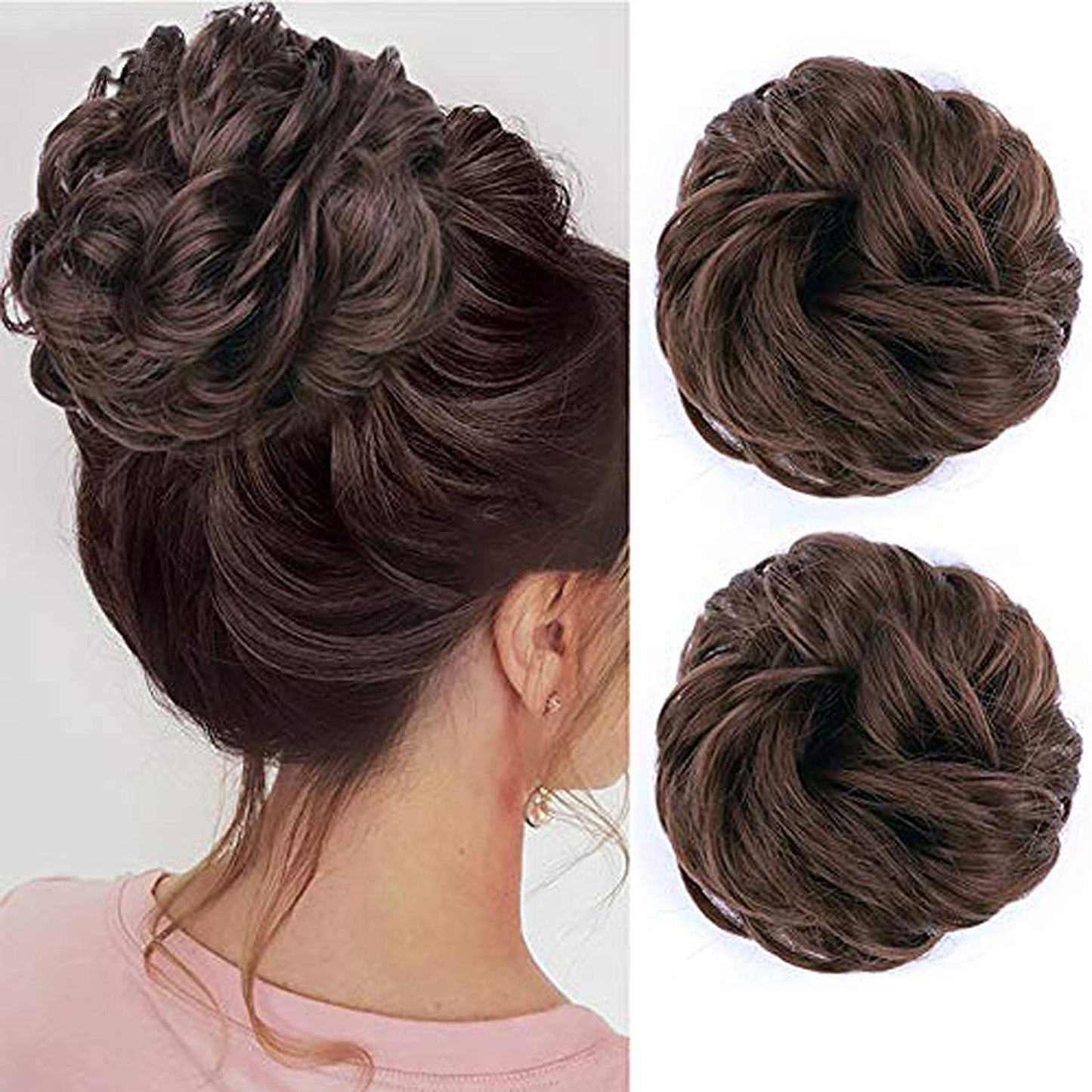 Dark Mocha Brown Messy Buns | Set of 2 | Limited Time Offer | Act Now! | FAUX Human Hair Curly Chignon Extensions Scrunchy Updo Hairpieces