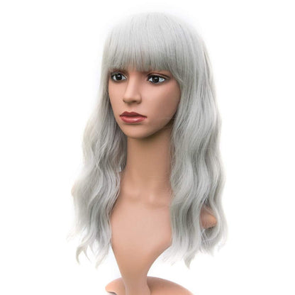 Silver Grey 18” Wavy Wig with Air Bangs | Natural Looking | Premium Heat Resistant Synthetic Fiber | Perfect for Cosplay Party Daily Wear