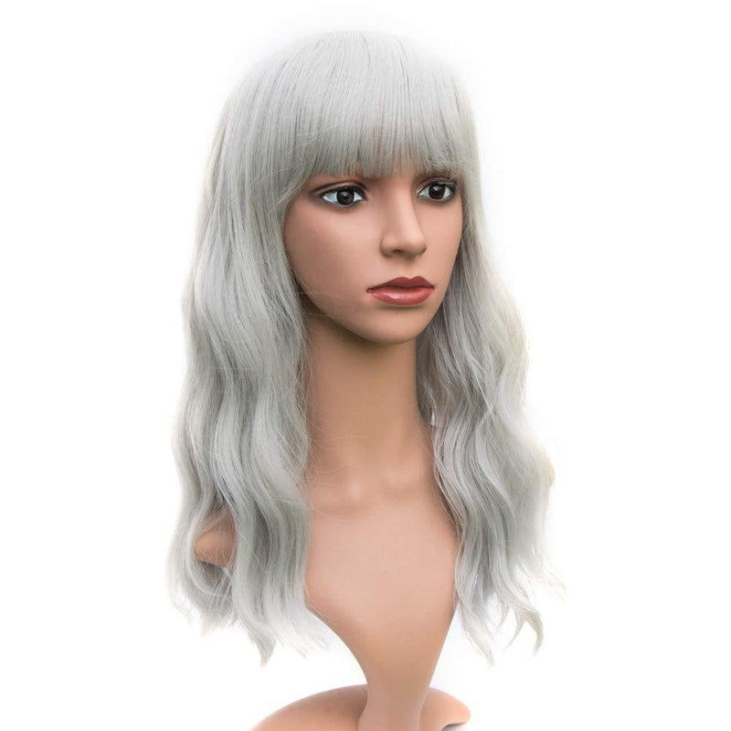 Silver Grey 18” Wavy Wig with Air Bangs | Natural Looking | Premium Heat Resistant Synthetic Fiber | Perfect for Cosplay Party Daily Wear