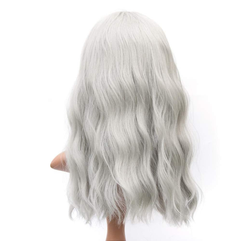 Silver Grey 18” Wavy Wig with Air Bangs | Natural Looking | Premium Heat Resistant Synthetic Fiber | Perfect for Cosplay Party Daily Wear