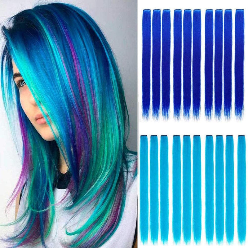 Colored Clip in Hair Extensions 22'' Straight Hair Extensions Clip in Mixed Colors Party Highlights Hairpieces Sapphire Blue + Teal Blue