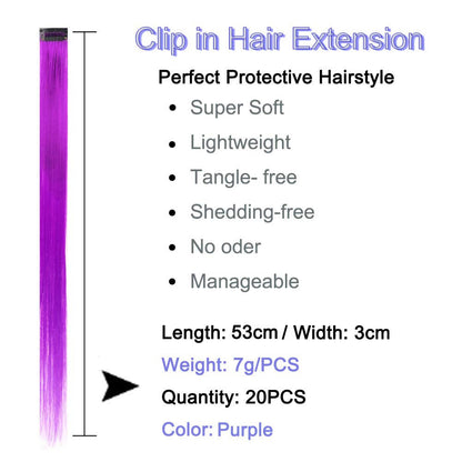 Colored Clip in Hair Extensions 22'' Straight Hair Extensions Clip in Set of 20 Pieces Party Highlights Hairpieces Royal Purple