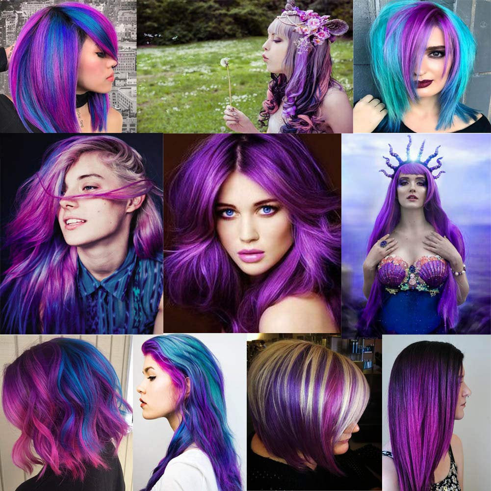 Colored Clip in Hair Extensions 22'' Straight Hair Extensions Clip in Mixed Colors Party Highlights Hairpieces Sapphire Blue+Purple