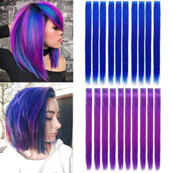 Colored Clip in Hair Extensions 22'' Straight Hair Extensions Clip in Mixed Colors Party Highlights Hairpieces Sapphire Blue+Purple