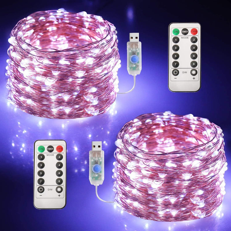Fairy Lights 2 Pack 33FT 100 LED Lights with Remote Control Timer Waterproof 8 Mode Copper Wire Indoor Outdoor Decoration, Cool White