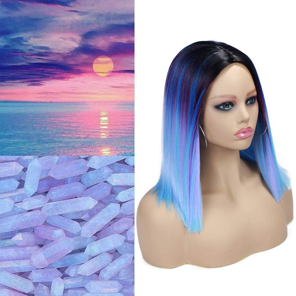 Ombre Black to Mixed Rainbow Colors of Blue Purple Pink Mint Green | Synthetic Top Quality Heat Resistant Fiber | Human Hair Look and Feel