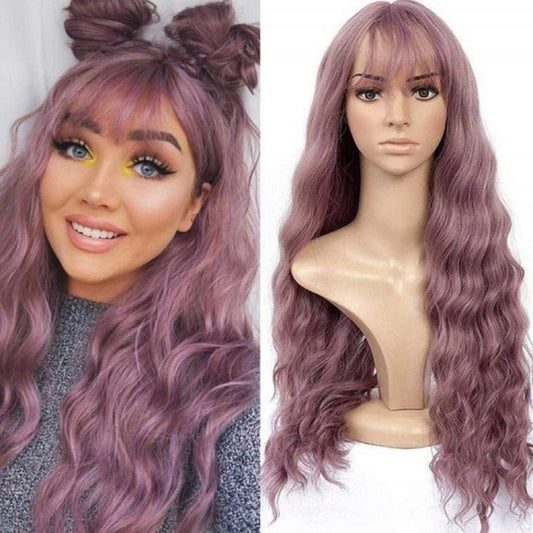 Dusty Mauve Purple Lavender Wavy 26" Wig with Air Bangs Best Quality Synthetic Fiber Human Hair Look and Feel Easy to Maintain No Shedding