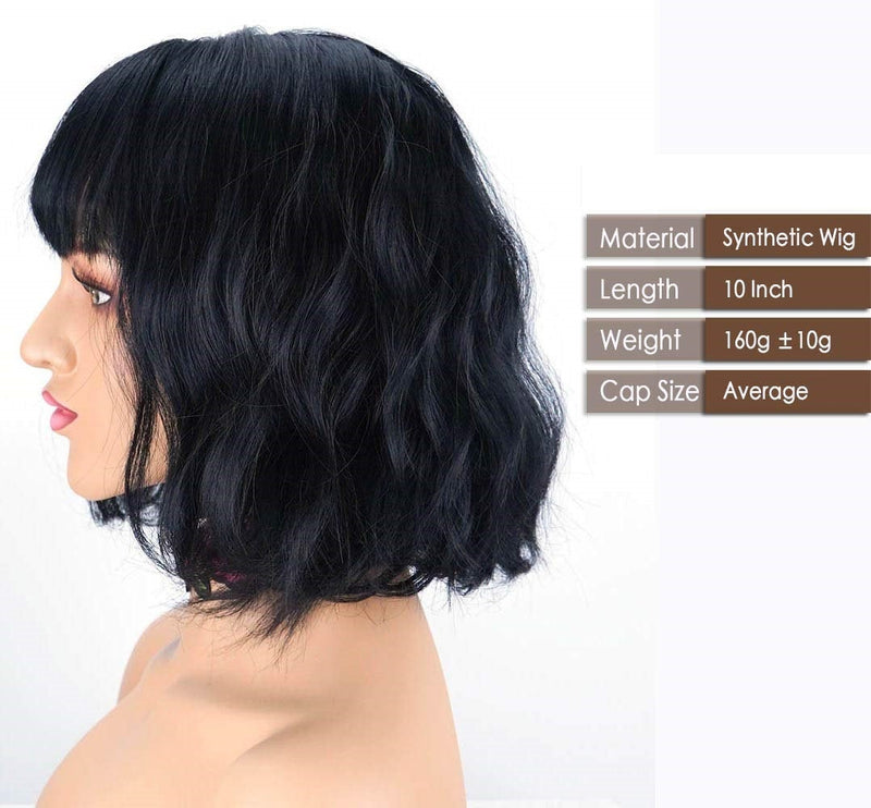 FLASH SALE! LIMITED Time and Stock Black Curly Wavy Bob Wig With Air Bangs Synthetic Heat Resistant Fiber Natural Black Human Hair Feel 10"