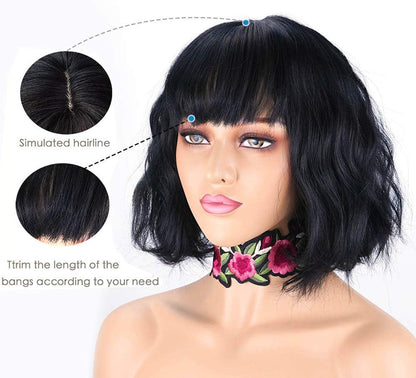 FLASH SALE! LIMITED Time and Stock Black Curly Wavy Bob Wig With Air Bangs Synthetic Heat Resistant Fiber Natural Black Human Hair Feel 10"