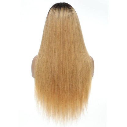 Ombre Black to Honey Blonde | Straight Human Hair Wig with Bangs | Brazilian Virgin Hair | 150% Density | Glueless Lace Front Wig | 16-28"