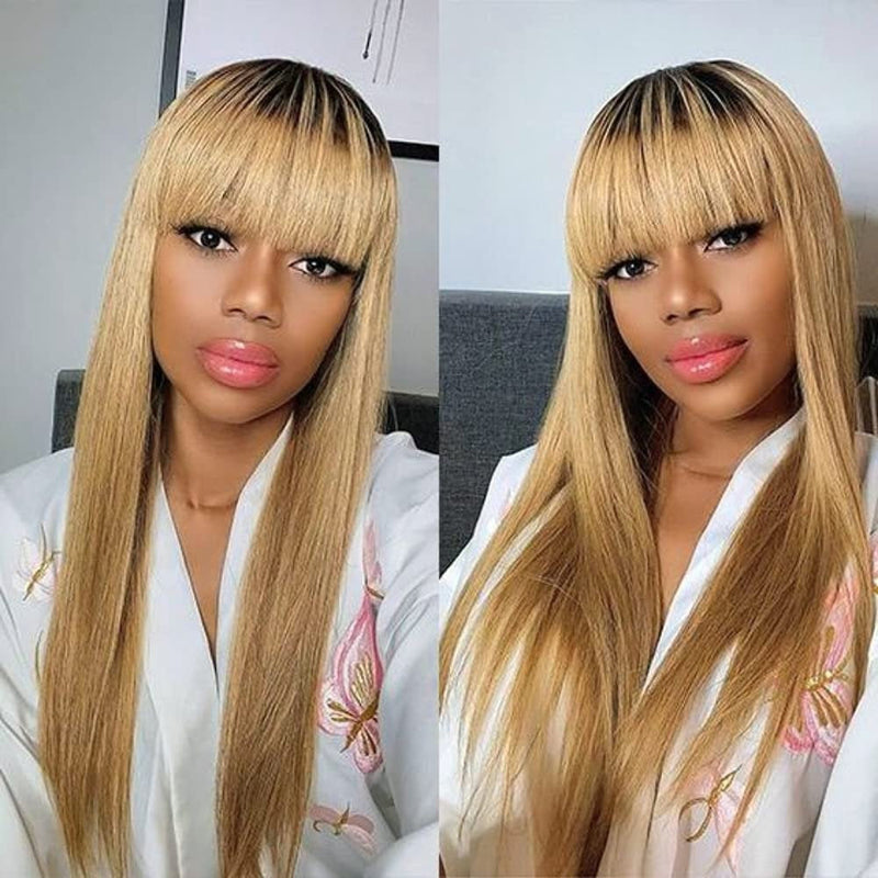 Ombre Black to Honey Blonde | Straight Human Hair Wig with Bangs | Brazilian Virgin Hair | 150% Density | Glueless Lace Front Wig | 16-28"
