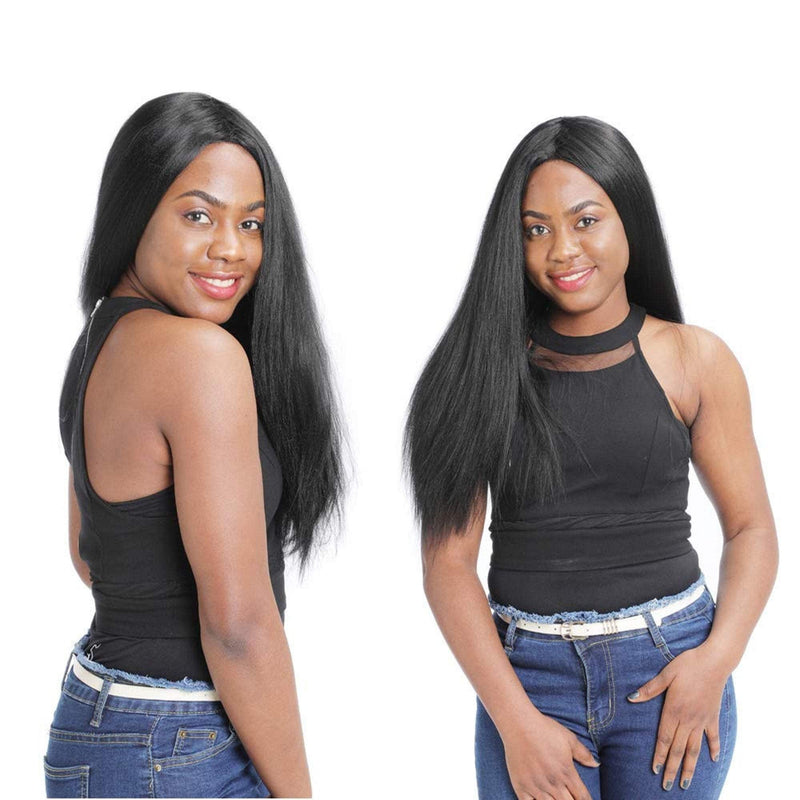 Fascinating off black long straight yaki hair middle part synthetic heat friendly natural black fluffy goddess wig non reflective, not shiny