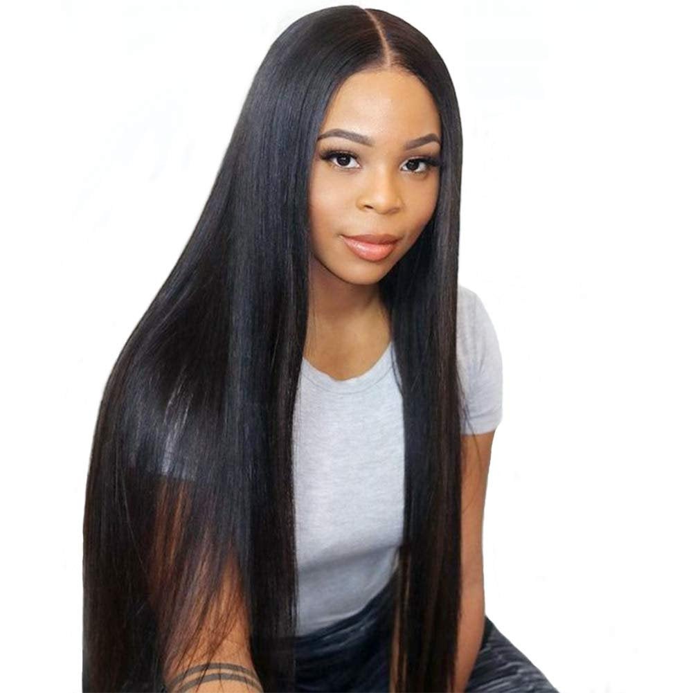 Fascinating off black long straight yaki hair middle part synthetic heat friendly natural black fluffy goddess wig non reflective, not shiny