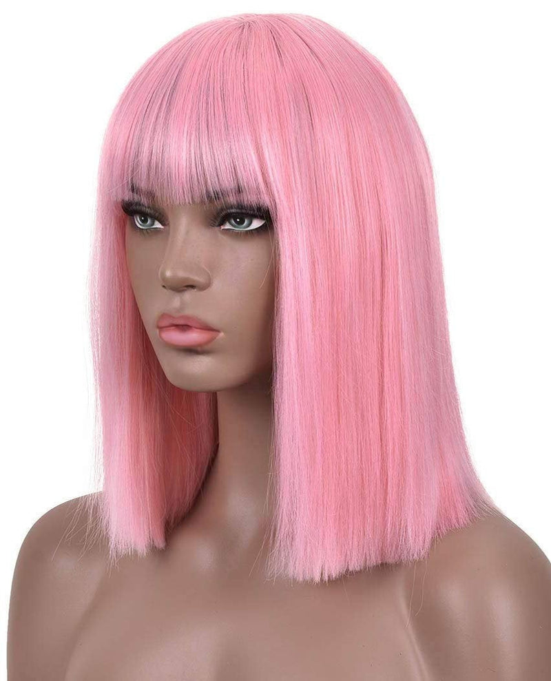 Pink bubble gum light pastel trendy looking wig with curtain air bangs heat friendly face framing synthetic bob with 12" blunt cut style
