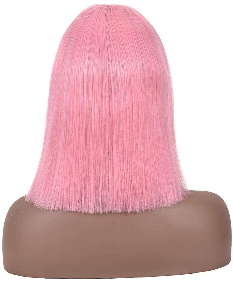 Pink bubble gum light pastel trendy looking wig with curtain air bangs heat friendly face framing synthetic bob with 12" blunt cut style