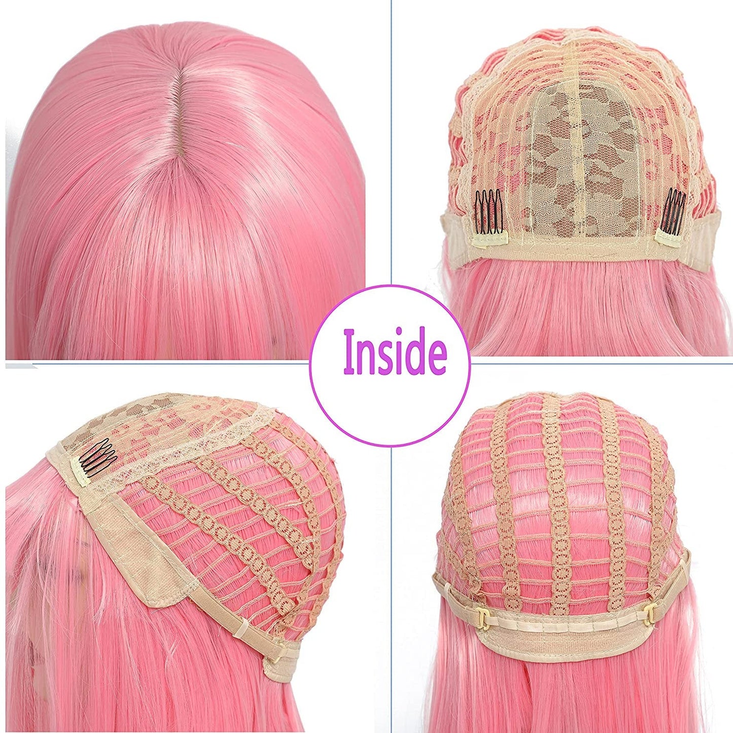 Pink bubble gum light pastel trendy looking wig with curtain air bangs heat friendly face framing synthetic bob with 12" blunt cut style