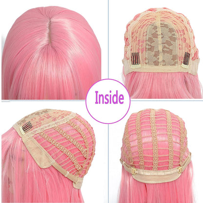 Pink bubble gum light pastel trendy looking wig with curtain air bangs heat friendly face framing synthetic bob with 12" blunt cut style