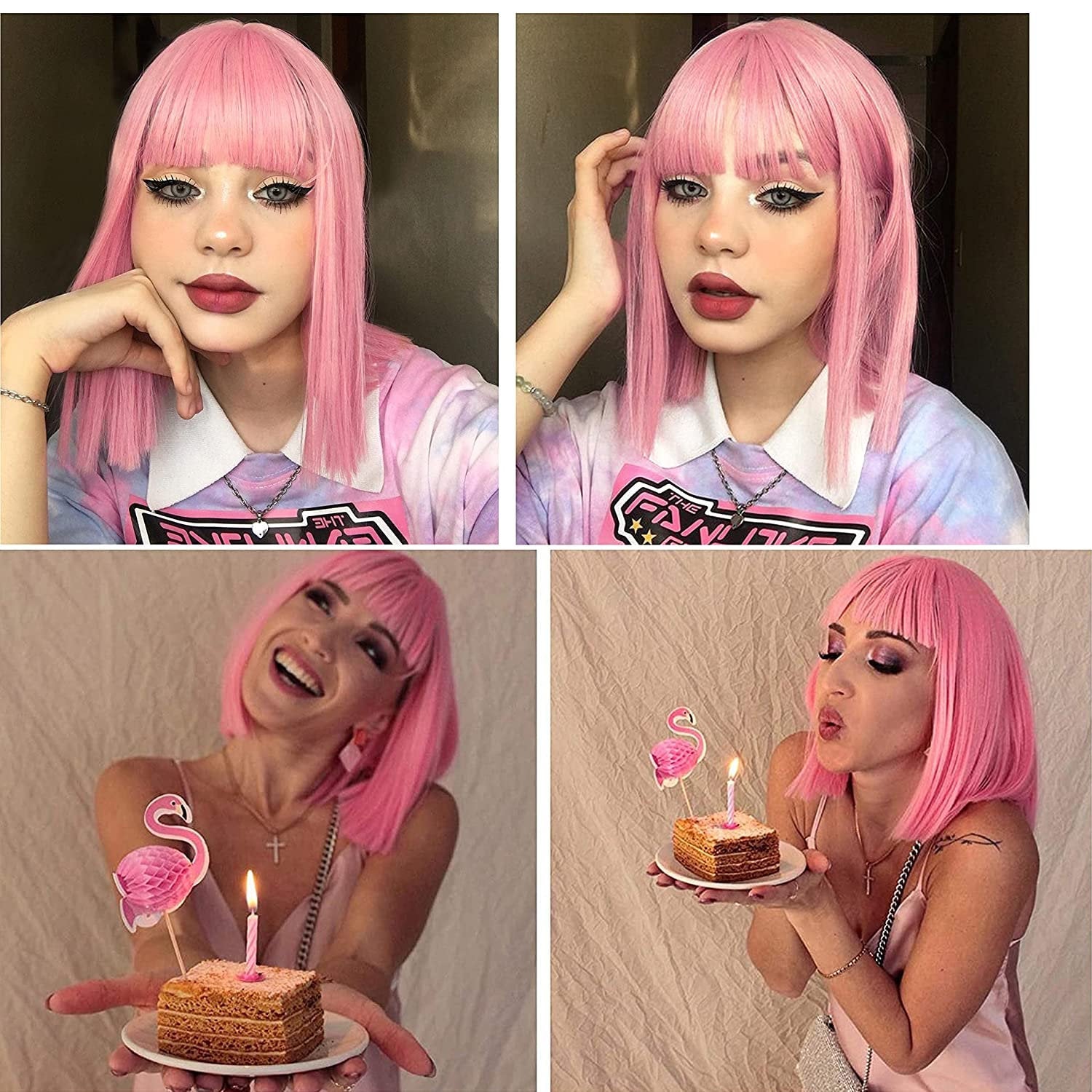 Pink bubble gum light pastel trendy looking wig with curtain air bangs heat friendly face framing synthetic bob with 12" blunt cut style