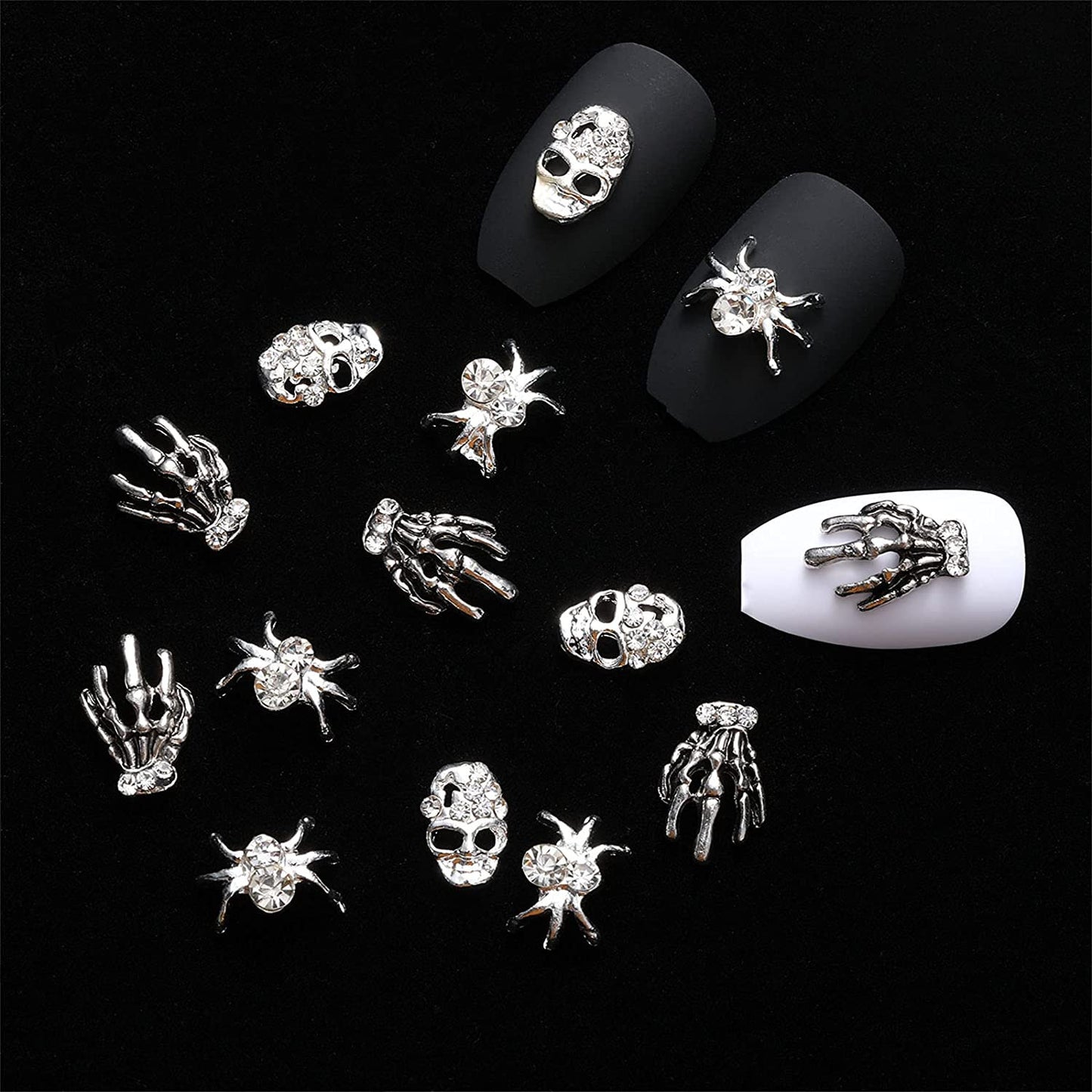 30 Pieces Skull Nail Charms Silver 3D Spider with Rhinestones Skeleton Hand Nail Art Decorations Nail Charms Can Also Use for DIY Crafting
