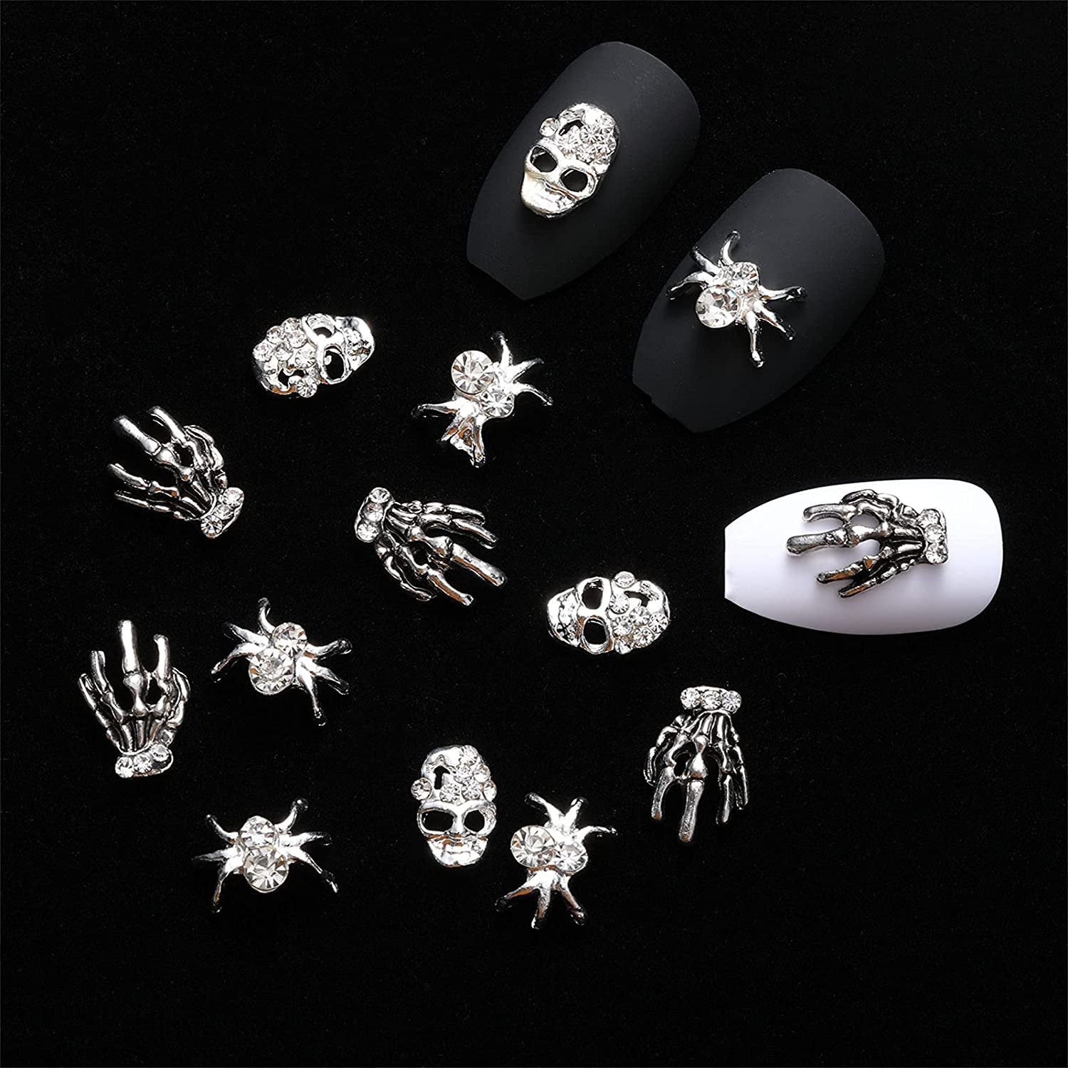 30 Pieces Skull Nail Charms Silver 3D Spider with Rhinestones Skeleton Hand Nail Art Decorations Nail Charms Can Also Use for DIY Crafting
