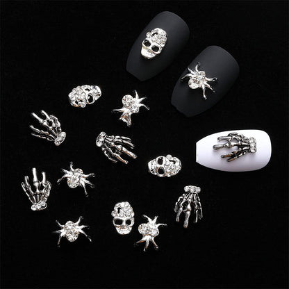 30 Pieces Skull Nail Charms Silver 3D Spider with Rhinestones Skeleton Hand Nail Art Decorations Nail Charms Can Also Use for DIY Crafting