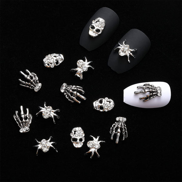 30 Pieces Skull Nail Charms Silver 3D Spider with Rhinestones Skeleton Hand Nail Art Decorations Nail Charms Can Also Use for DIY Crafting