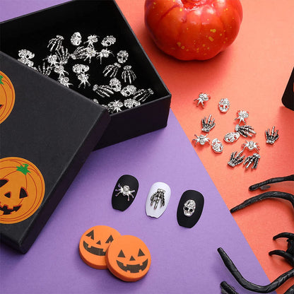30 Pieces Skull Nail Charms Silver 3D Spider with Rhinestones Skeleton Hand Nail Art Decorations Nail Charms Can Also Use for DIY Crafting