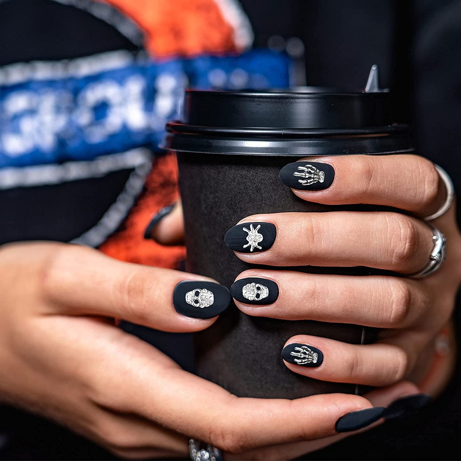 30 Pieces Skull Nail Charms Silver 3D Spider with Rhinestones Skeleton Hand Nail Art Decorations Nail Charms Can Also Use for DIY Crafting