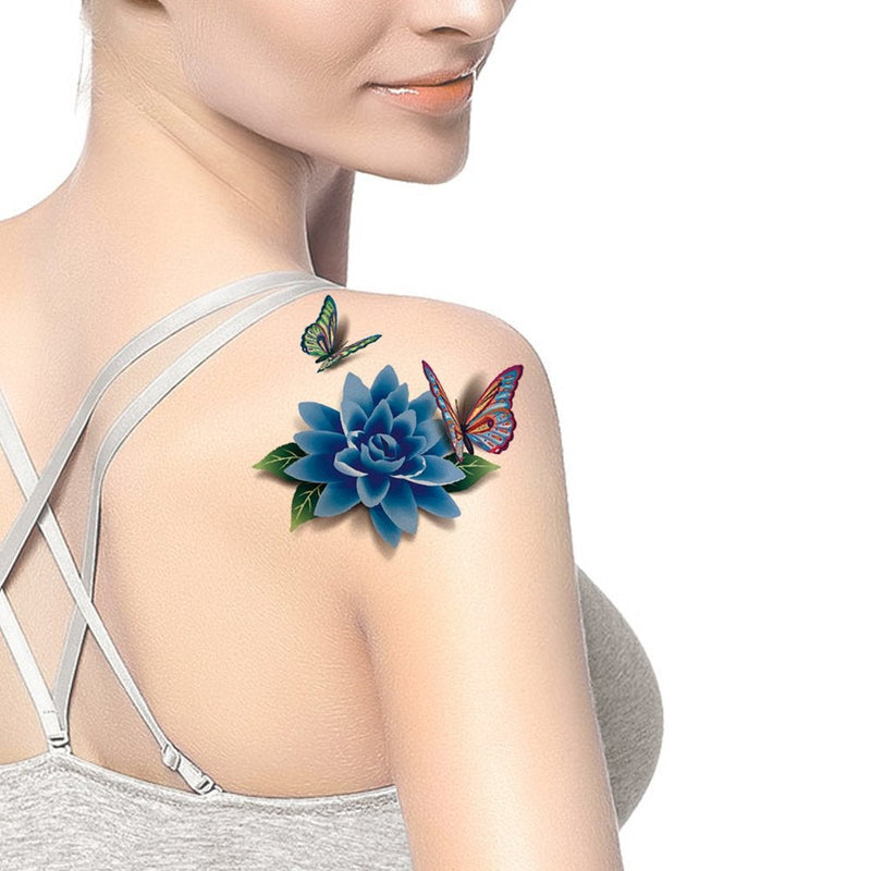 Blue Flower 3D Peony Butterfly Lower Back Waterproof Fake Tattoo Temporary Realistic Fake Tattoo Flower Can Also Use for DIY Crafting