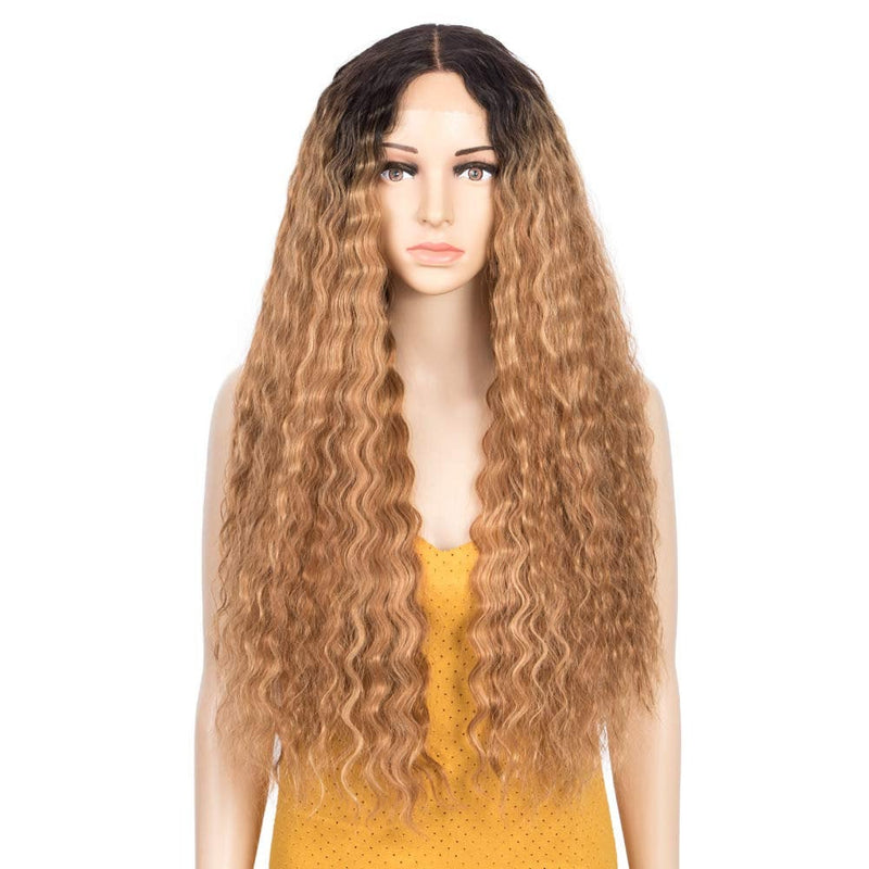 Lace Front Wig, Long Curly light Ombre Brown Blonde Wig, Natural Wave 150% Density Long Curly Heat Resistant Synthetic Wig 29"