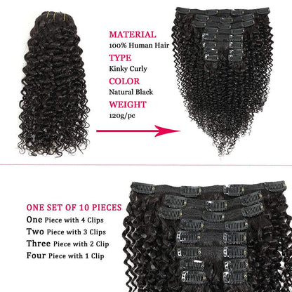 Kinky Curly Clip in Hair Extensions Virgin Human Hair Wavy Unprocessed Clip in Hair Extensions Set of 10 You Choose the Length from 10 - 20"