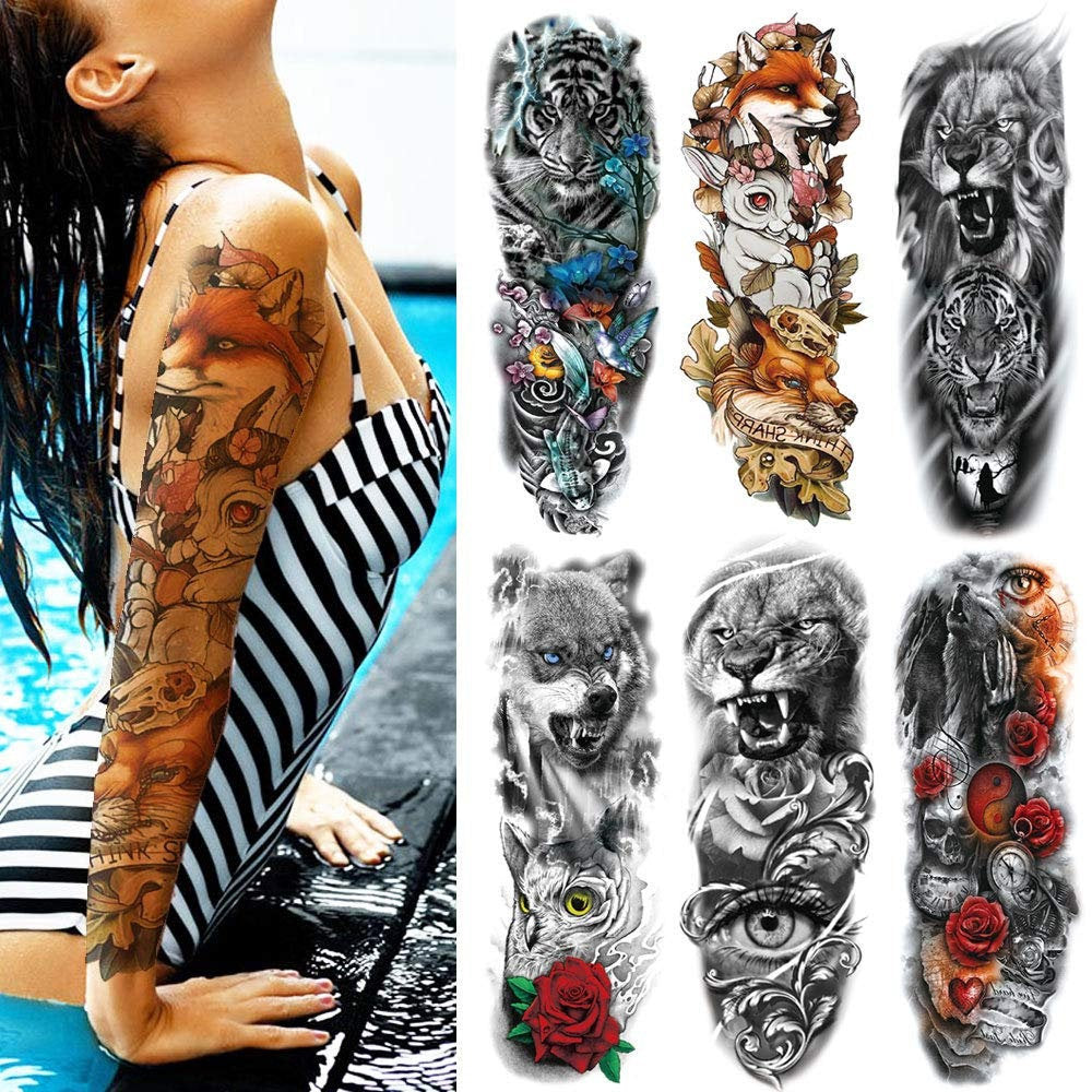 6 Full Arm 6 x 18" Sheets Waterproof Fake Tattoo Temporary Realistic Waterproof Full Arm Fake Tattoo Totems Can Also Use for DIY Crafting