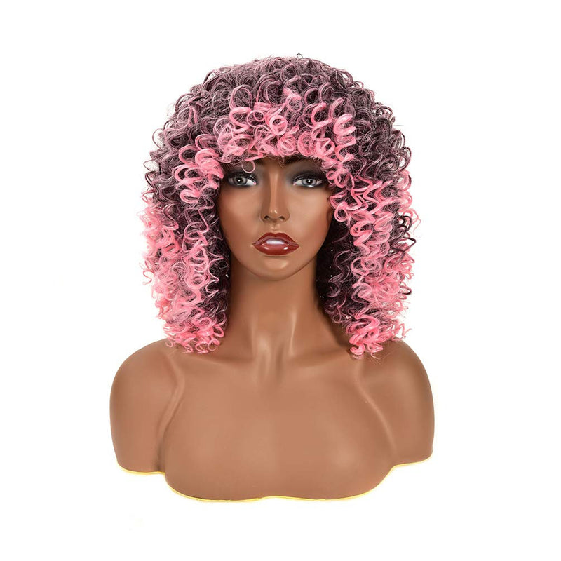 Pink and Black Ombre Synthetic Short Curly Wig Full Kinky Curly Afro Hair Wig with Bangs (Free 1pc Professional Wig Comb and 4pcs Wig Caps)