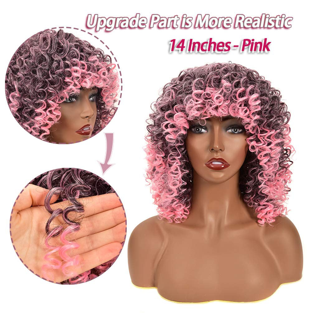 Pink and Black Ombre Synthetic Short Curly Wig Full Kinky Curly Afro Hair Wig with Bangs (Free 1pc Professional Wig Comb and 4pcs Wig Caps)